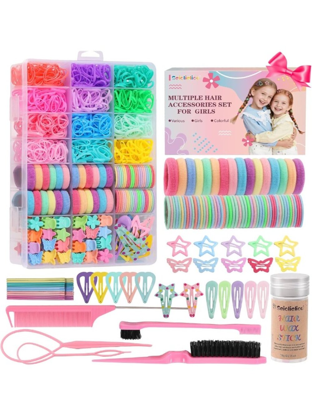 Colorful Hair Accessories Set for Girls - 1350 Hair Ties & 72 Hair Clips